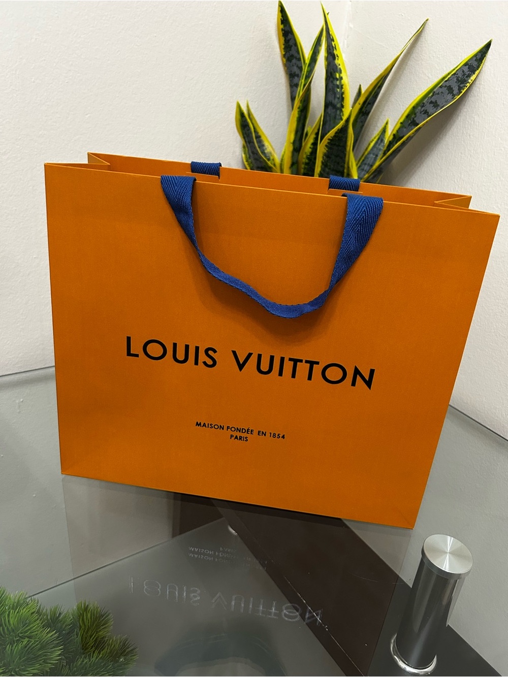 Louis Vuitton Orange Gift Bag with Blue Ribbon Handles